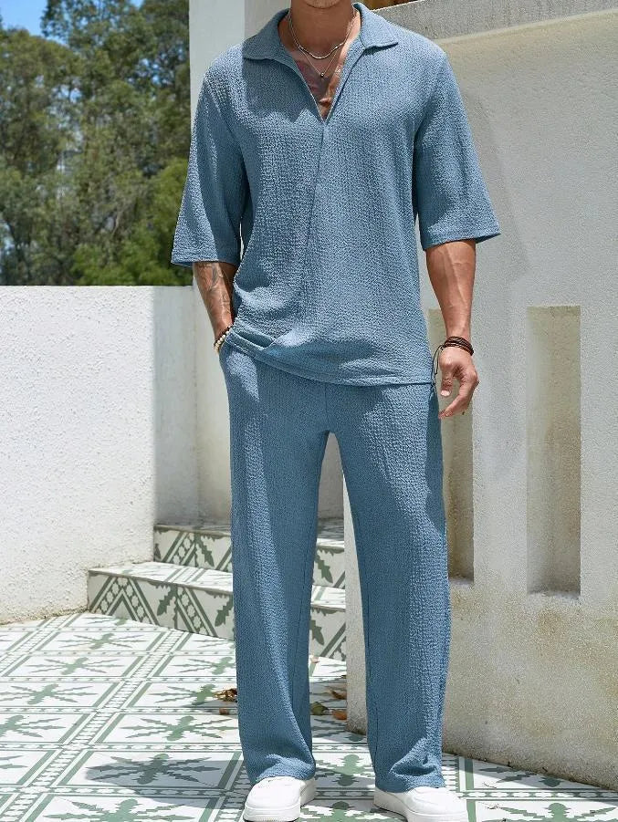 Summer Short-sleeved Top And Loose Straight Trousers Old Money Mens Clothing, Menswear, Loungewear, CERPELO