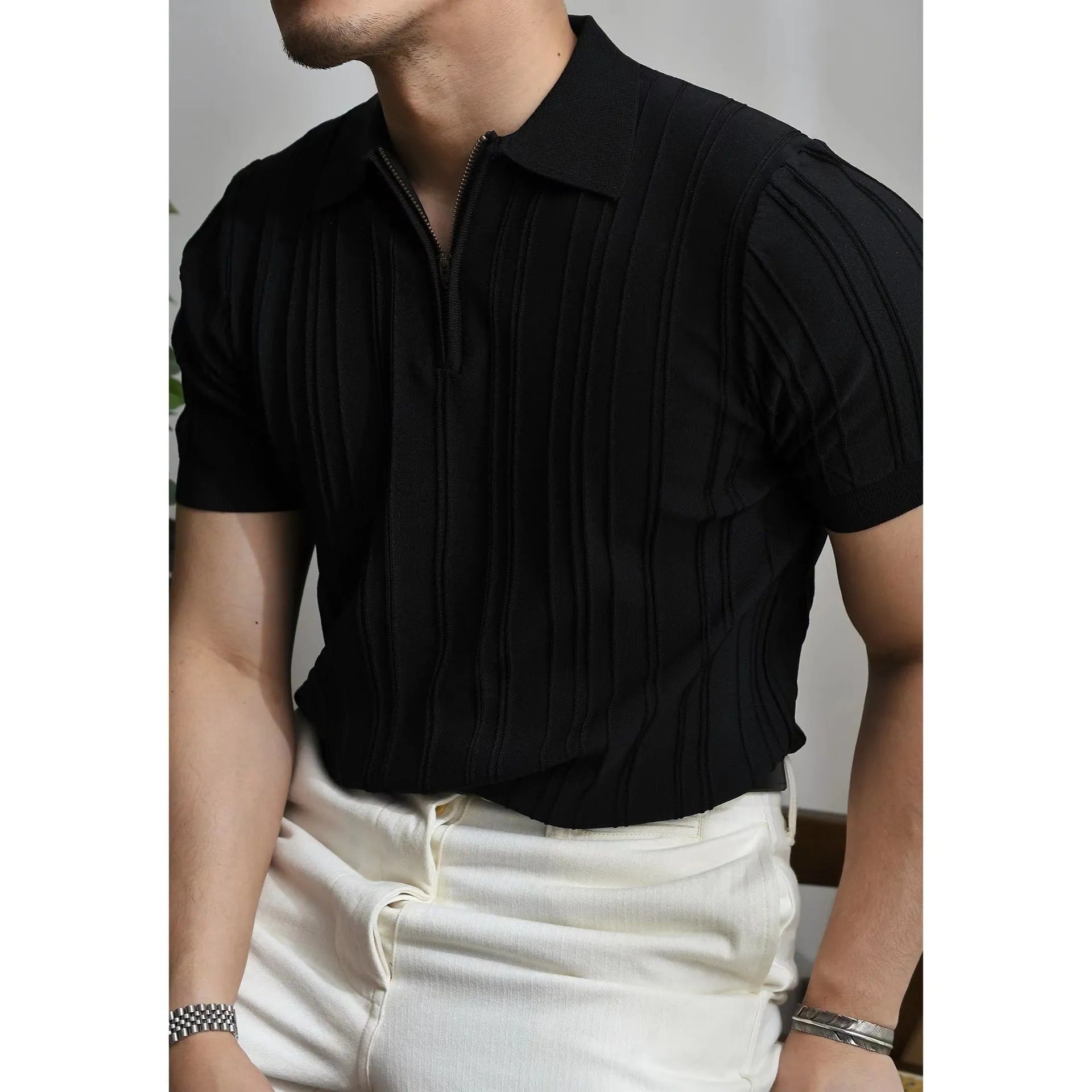 Zipper Knitted Short-sleeved Polo Shirt Men's Loose Lapels T-shirt, Menswear, CERPELO