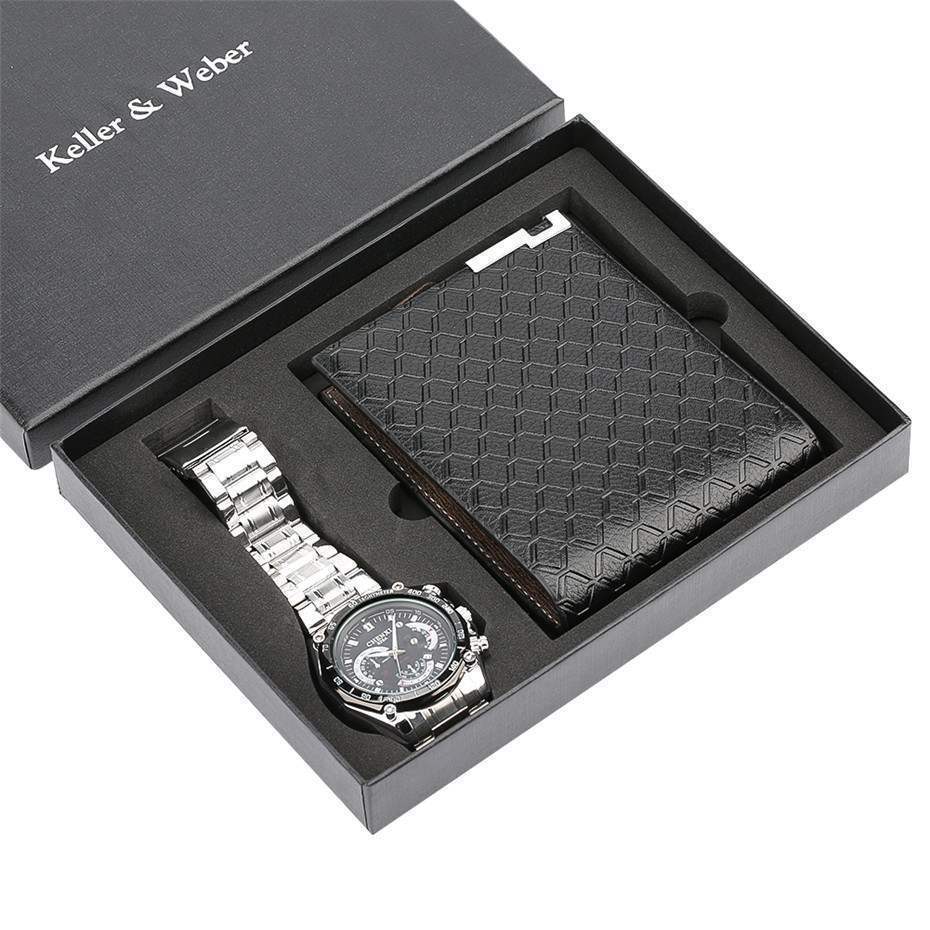 mens casual luxury wallet with quartz watch