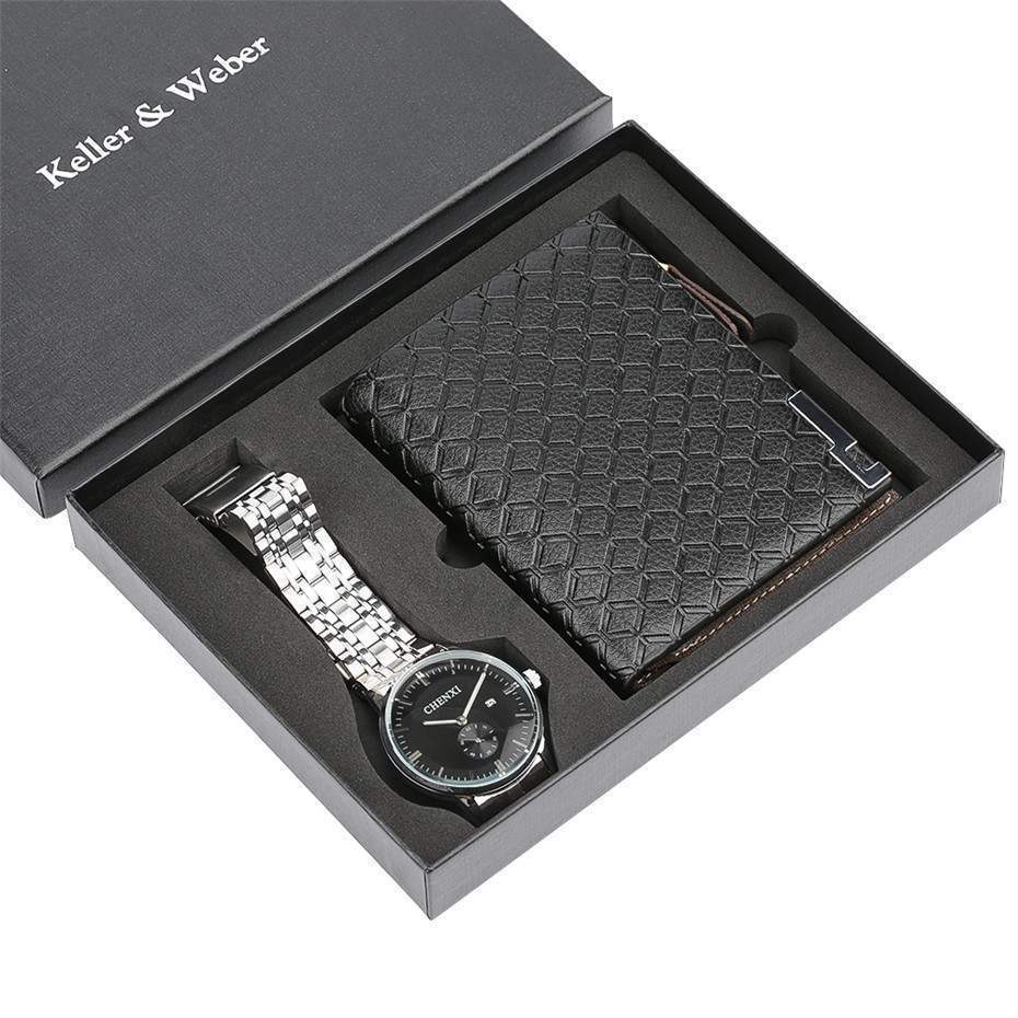 mens casual luxury wallet with quartz watch