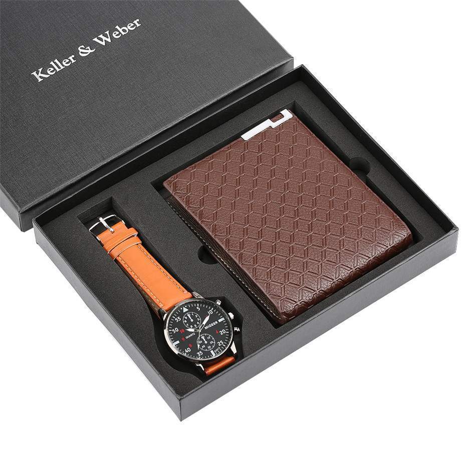 mens casual luxury wallet with quartz watch