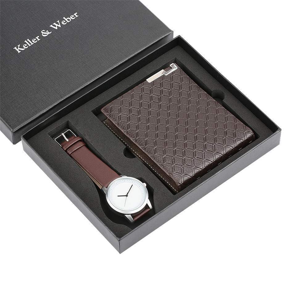 mens casual luxury wallet with quartz watch