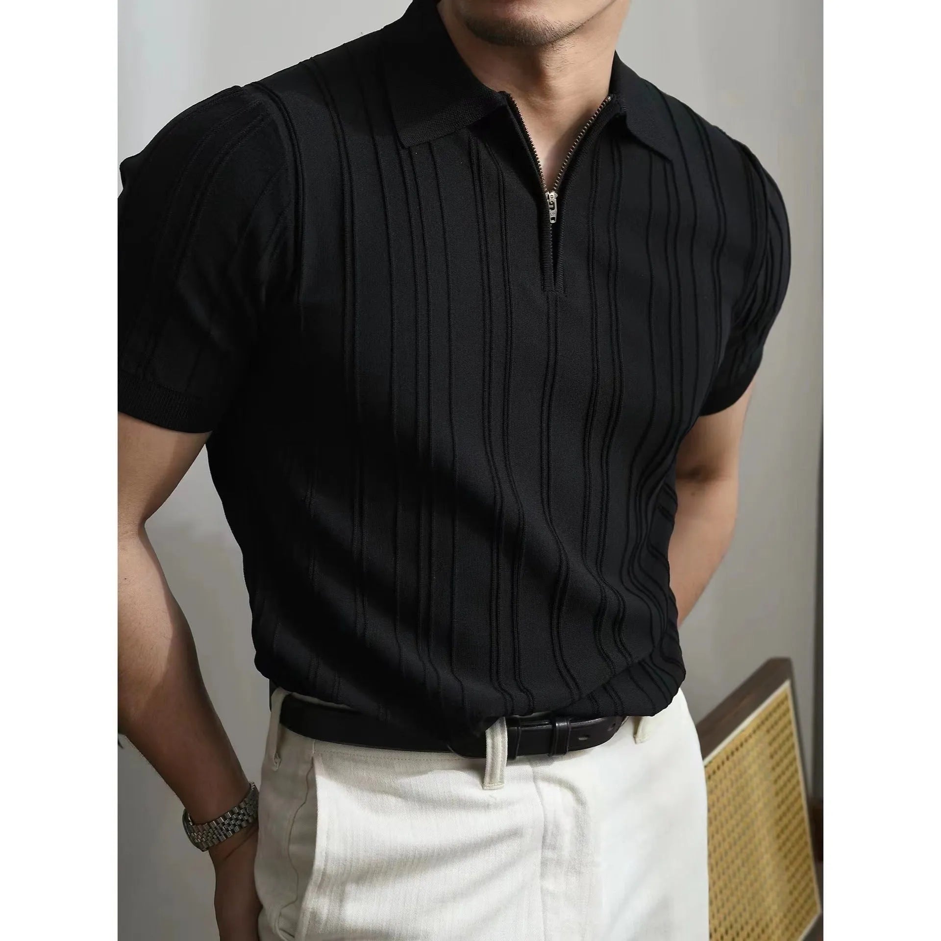 Zipper Knitted Short-sleeved Polo Shirt Men's Loose Lapels T-shirt, Menswear, CERPELO