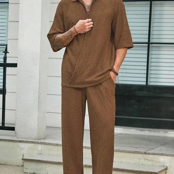 Summer Short-sleeved Top And Loose Straight Trousers Old Money Mens Clothing, Menswear, Loungewear, CERPELO