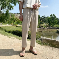 Image of Men's Cropped Casual Pants - Cotton & Linen Trousers