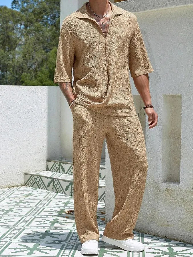 Summer Short-sleeved Top And Loose Straight Trousers Old Money Mens Clothing, Menswear, Loungewear, CERPELO