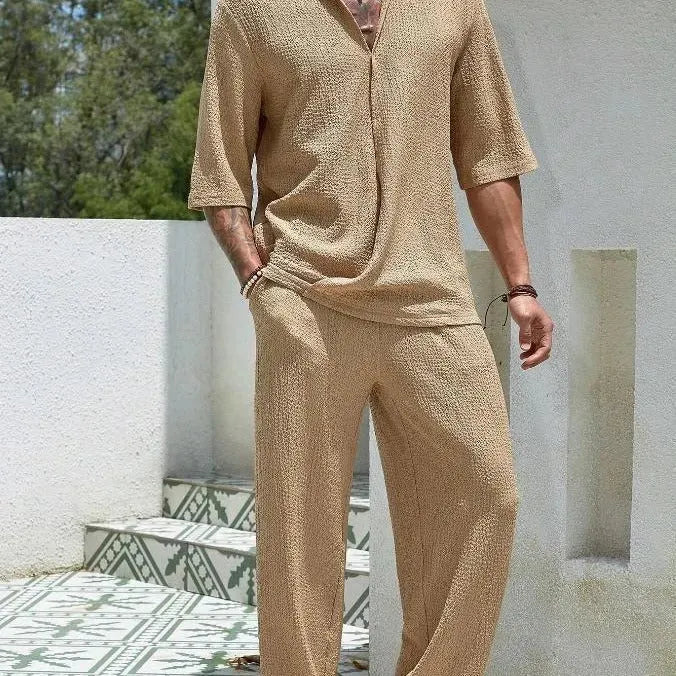 Summer Short-sleeved Top And Loose Straight Trousers Old Money Mens Clothing, Menswear, Loungewear, CERPELO