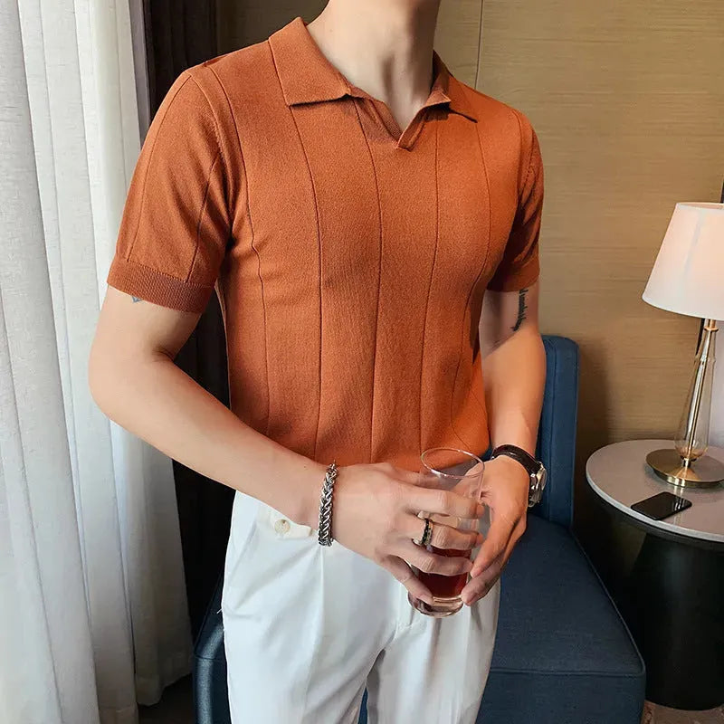 Image of MAURIZO ™ | Men's Old Money Short-Sleeve Ribbed Polo T-Shirt, Menswear, Uncategorized, CERPELO