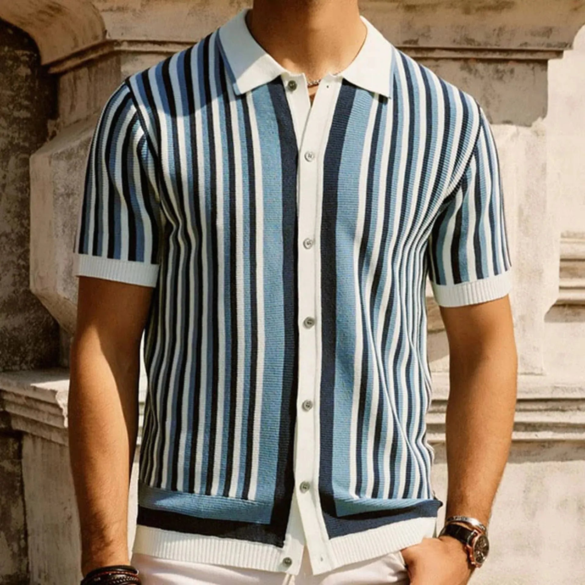 Men's Tencel Striped Knit Shirt - Blue & Black