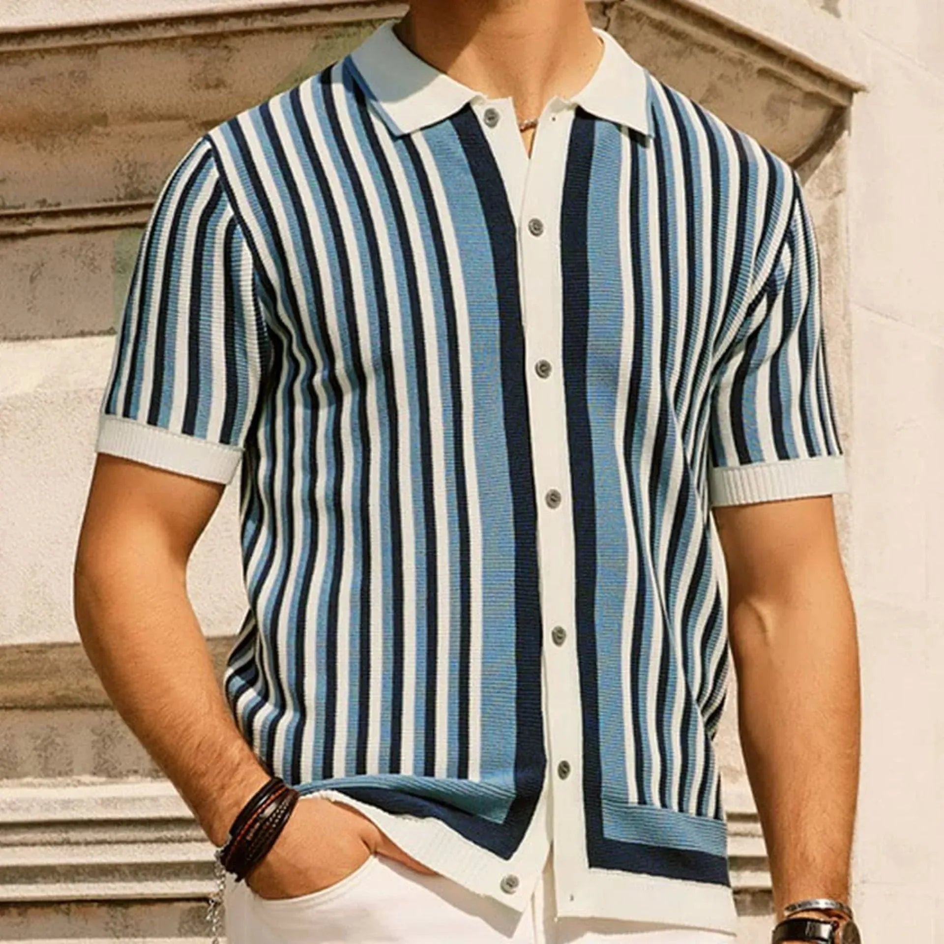 Men's Tencel Striped Knit Shirt - Blue & Black